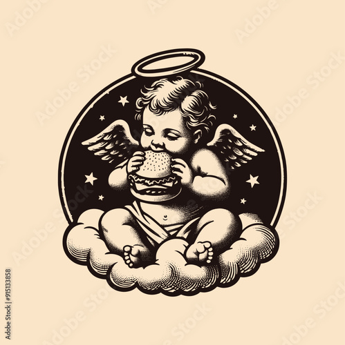 A cherub cute baby angel enjoying a hamburger while sitting on a cloud surrounded by stars. Vintage engraving illustration, emblem, print, logo.