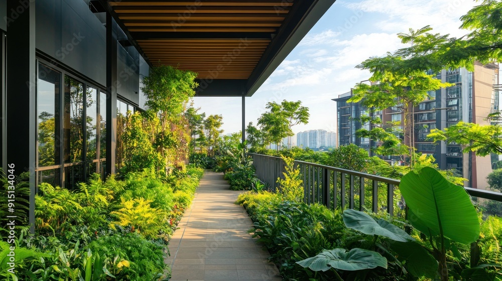 Obraz premium Modern Rooftop Garden with Greenery and City Views