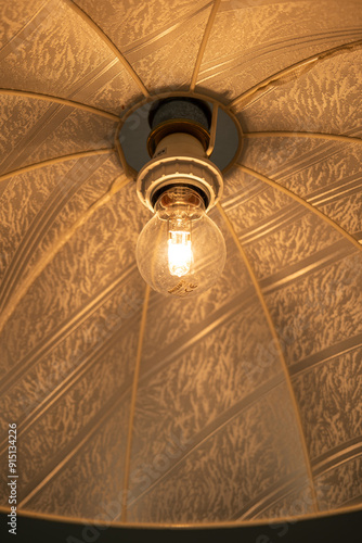 Turned on, incandescent lightbulb inside fabric, ceiling hanging cover. Close up shot, no people photo