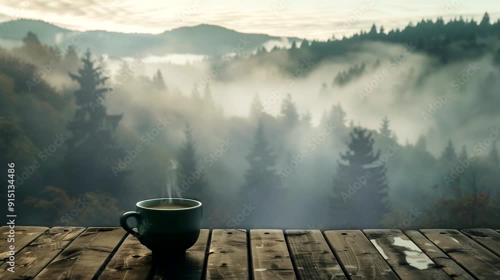 A tranquil overlooking a misty forest with a cup of coffee on table. Looping 4k video animation background A tranquil overlooking a misty forest with a cup of coffee on table. Looping 4k video animation background