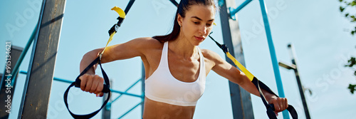 Fit woman leans into TRX workout, pushing against resistance bands with determination in sunny outdoor gym. Strength training. Concept of professional sport, body building, fashion and style. Ad photo