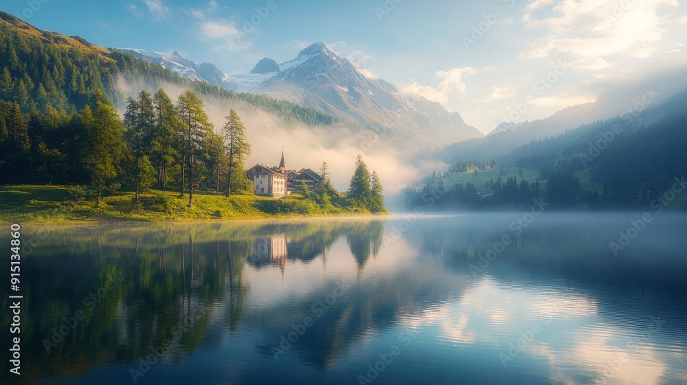 A sunny summer's day at Lake Champferersee. Village of Silvaplana in the mist of morning. Europe, Switzerland, the Alps A sunny summer's day at Lake Champferersee. Village of Silvaplana in the mist of morning. Europe, Switzerland, the Alps