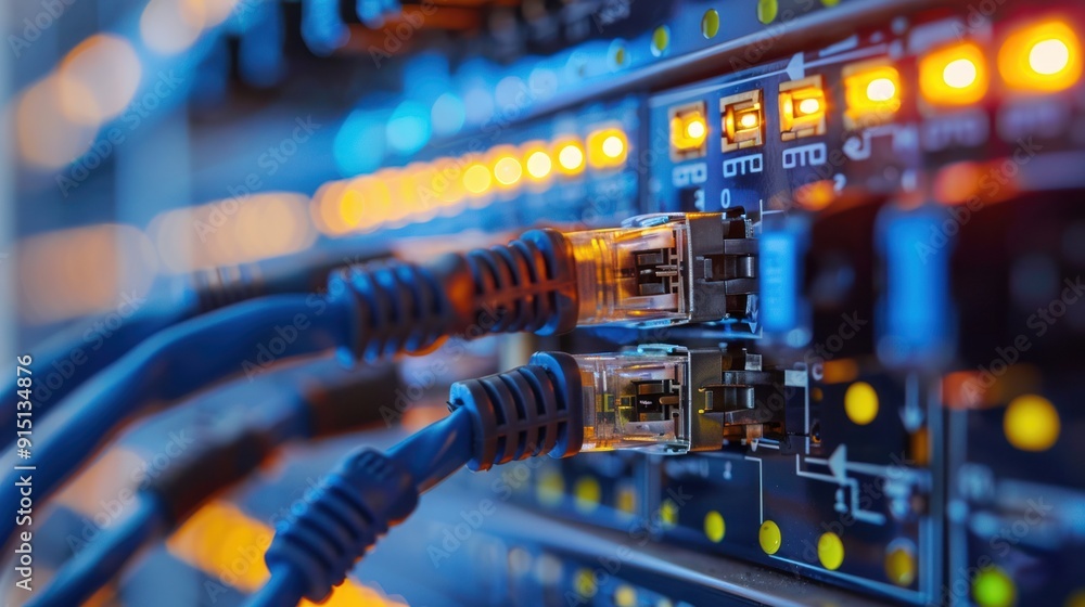 Close-Up of Network Cables in a Server Room with LED Lights Close-Up of Network Cables in a Server Room with LED Lights