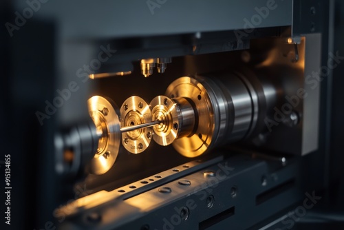 Detail oriented cnc tool holder illuminated by machine light, displaying array of specialized tools photo