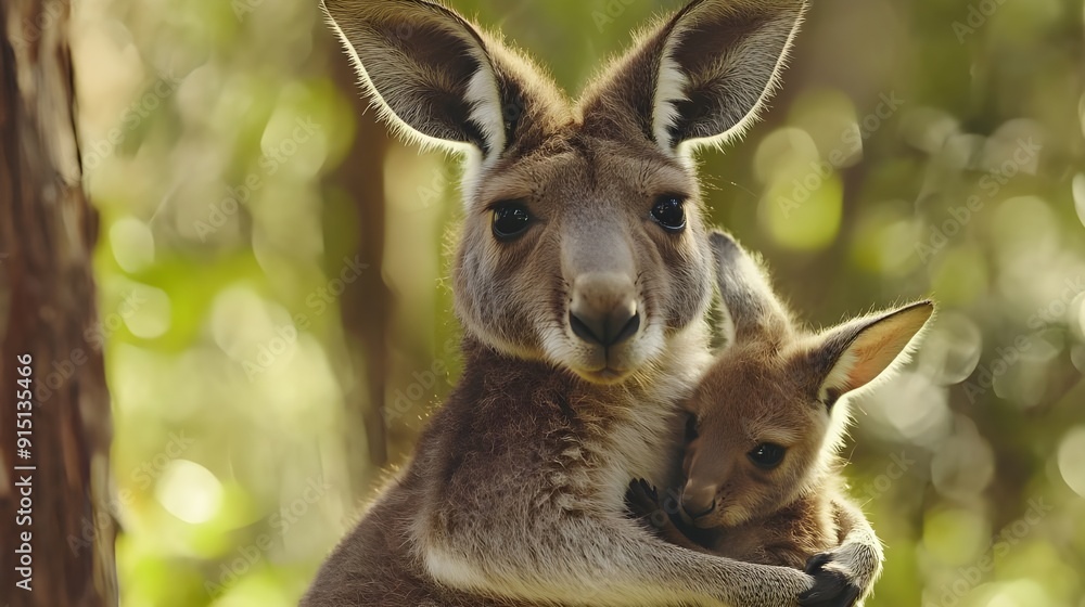 Mother Kangaroo Protecting Her Joey in the Bush. Mother Kangaroo Protecting Her Joey in the Bush.