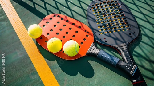 Two pickleball paddles and two pickleballs on court