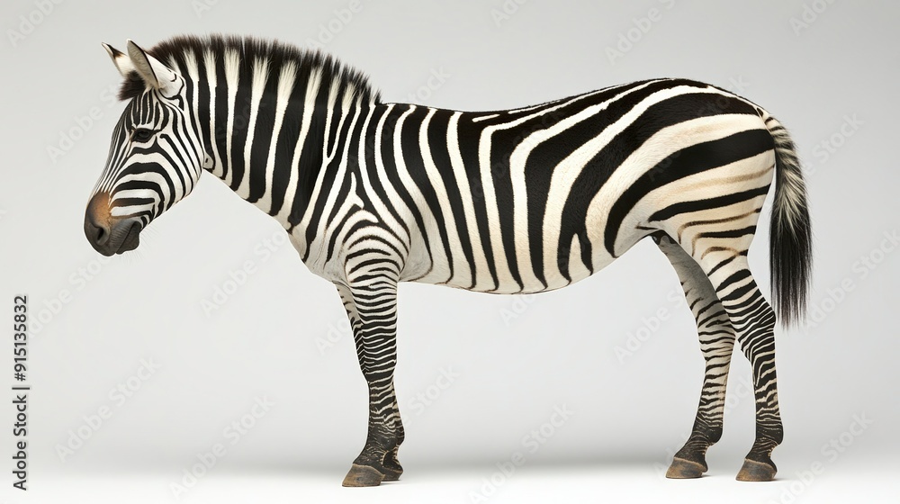 Naklejka premium Striped beauty: Captivating side profile of zebra against white background.