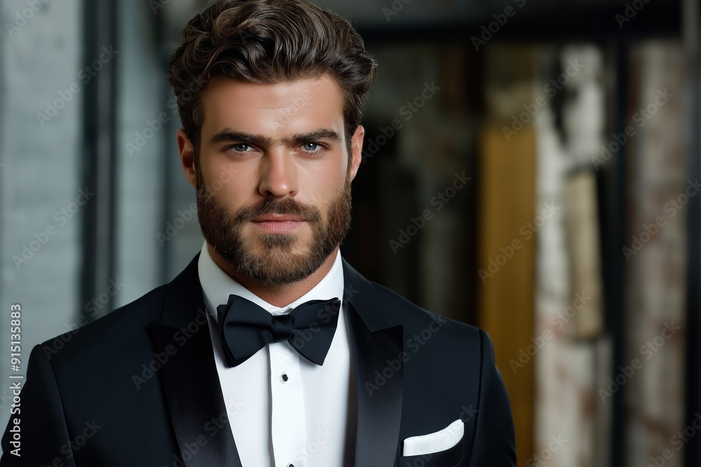 A man in a tuxedo with a black bow tie and a beard. He is smiling and looking at the camera A man in a tuxedo with a black bow tie and a beard. He is smiling and looking at the camera