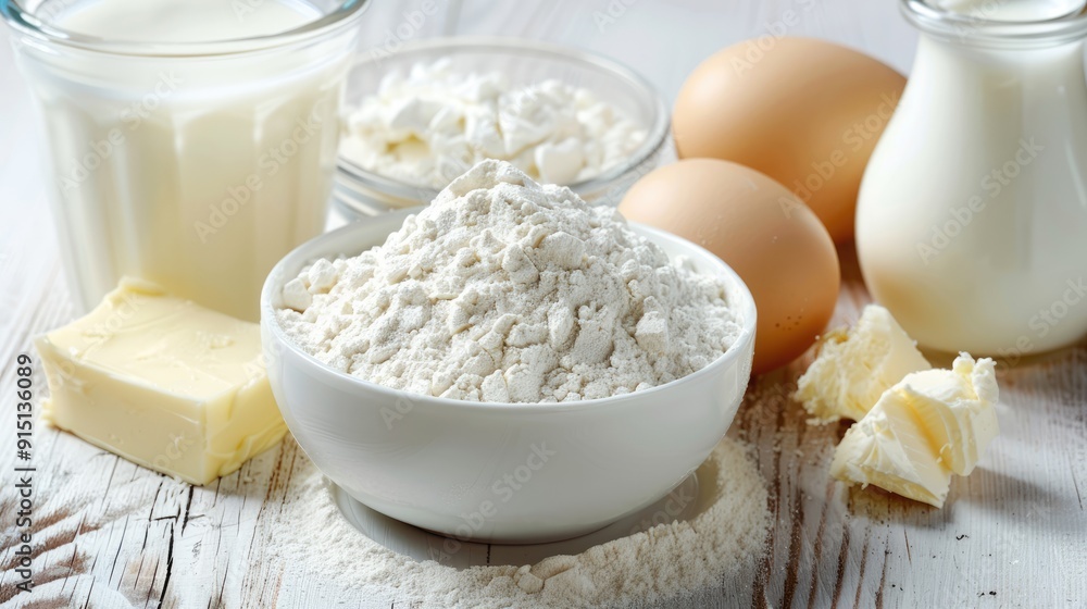 Baking essentials: milk, flour, egg, butter. Baking essentials: milk, flour, egg, butter.