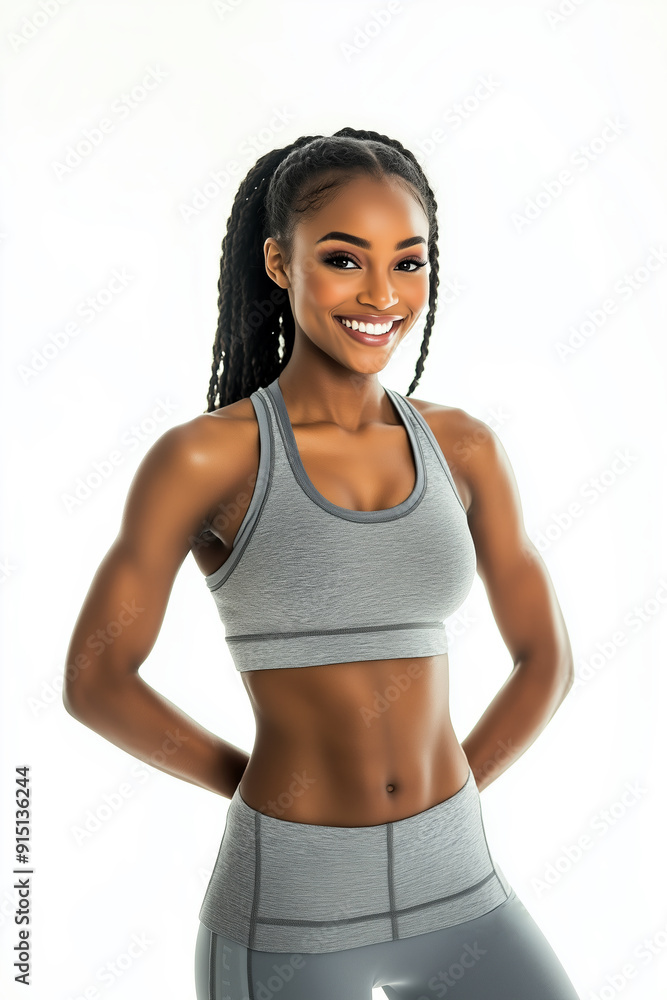 Energized woman in stylish gray fitness gear Energized woman in stylish gray fitness gear
