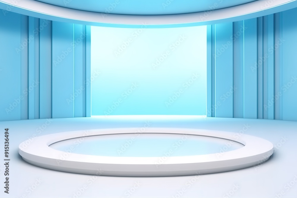 White round platform in a blue minimalist room with an empty backdrop. White round platform in a blue minimalist room with an empty backdrop.