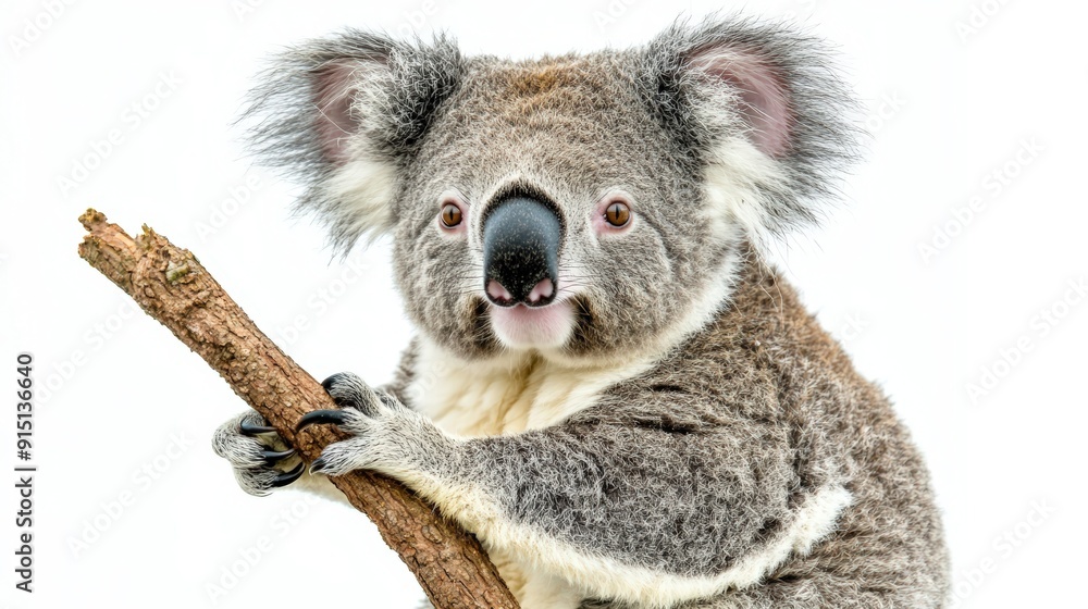 Naklejka premium Fuzzy koala bear clinging to eucalyptus branch in close-up shot on white background