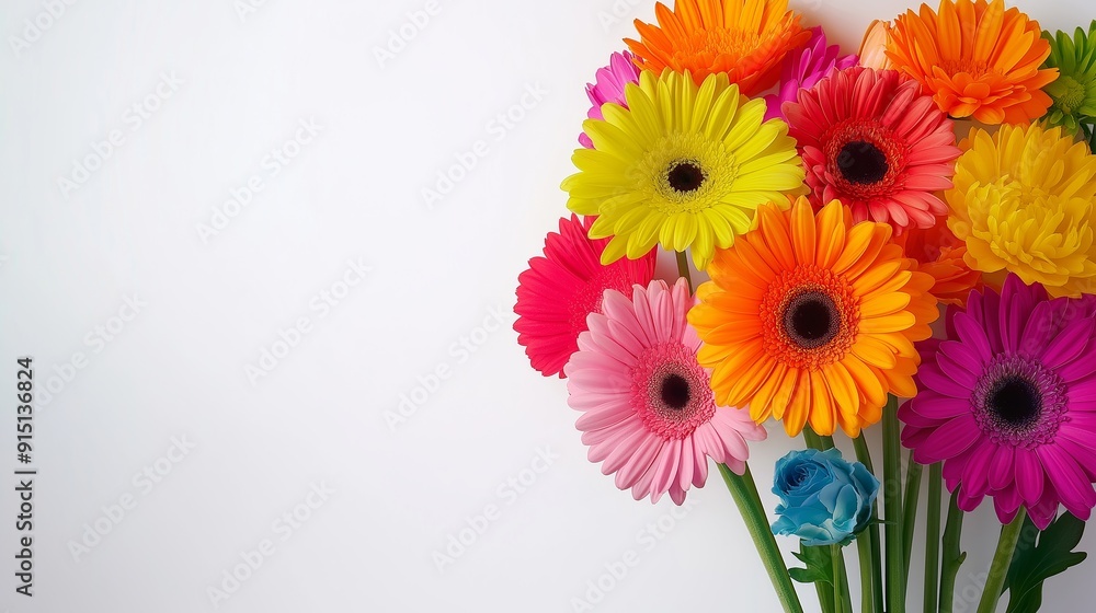 A bouquet of colorful flowers is arranged in a vase. The flowers are of various colors, including pink, blue, yellow, and orange. The arrangement is vibrant and lively, creating a cheerful A bouquet of colorful flowers is arranged in a vase. The flowers are of various colors, including pink, blue, yellow, and orange. The arrangement is vibrant and lively, creating a cheerful