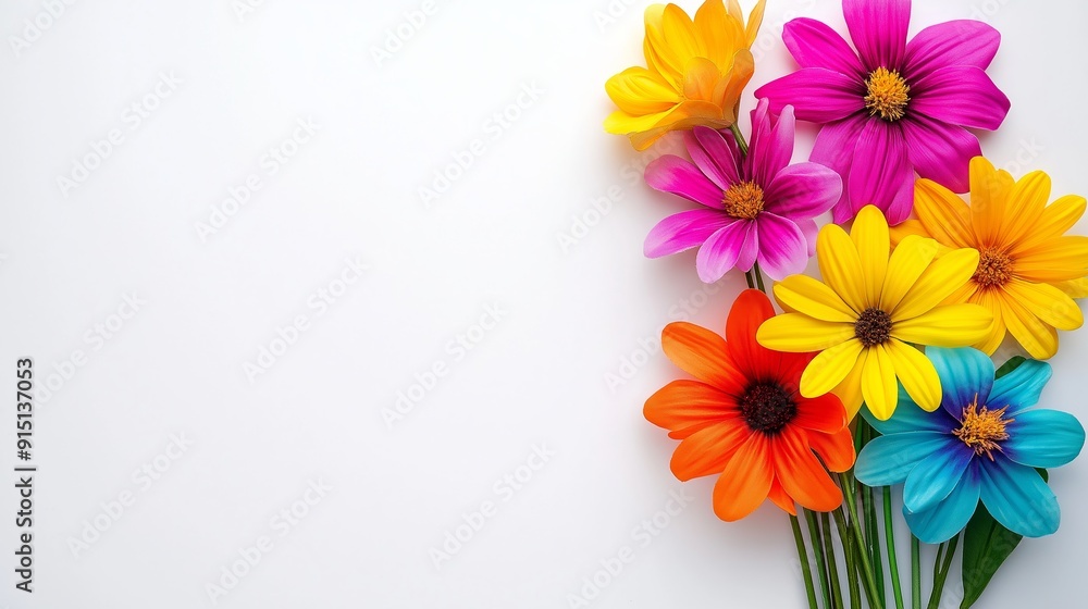 Obraz premium A bouquet of colorful flowers is arranged on a white background. The flowers are of various colors, including yellow, pink, and blue. The arrangement creates a cheerful and vibrant atmosphere