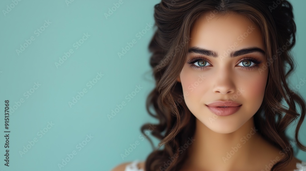 Fototapeta premium A woman with long brown hair and blue eyes is smiling. She is wearing a white dress and has her hair in a bun