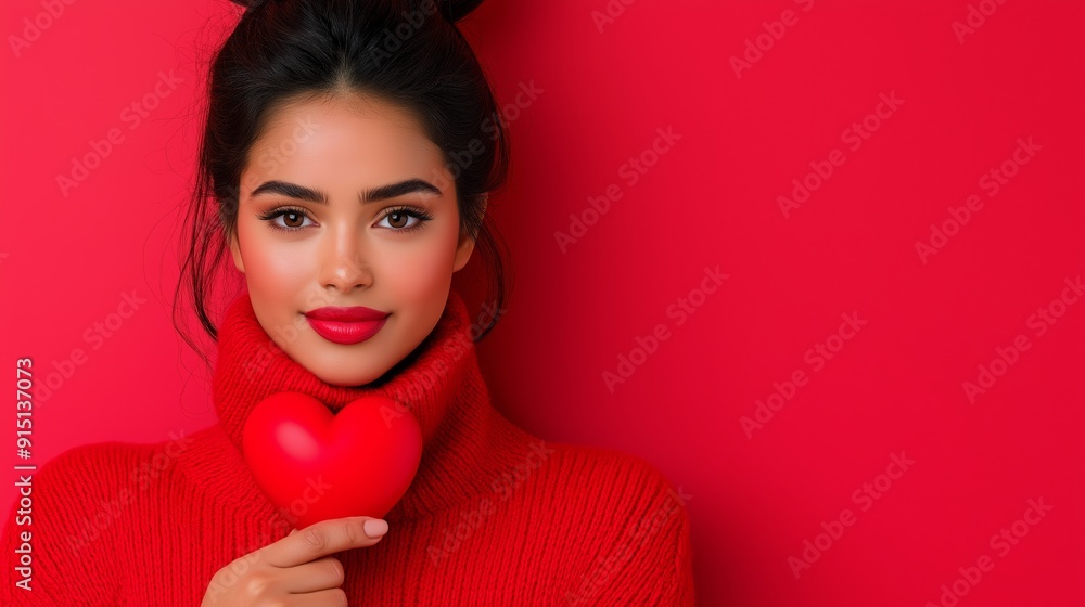A woman wearing a red sweater holding a red heart. The woman is smiling and looking at the camera A woman wearing a red sweater holding a red heart. The woman is smiling and looking at the camera