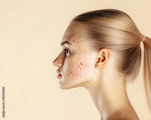 Close-up profile of a young woman with acne scars on her face. photo