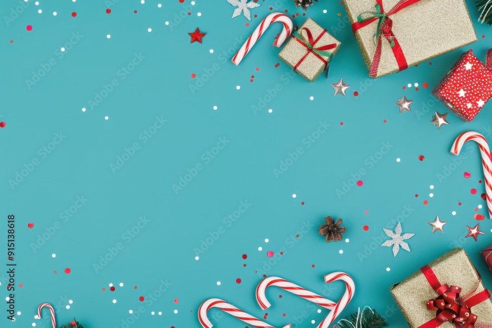 Festive Christmas decorations with cookies, candy canes, pinecones, and ornaments on a snowy surface, creating a joyful holiday ambiance with ample copy space. Festive Christmas decorations with cookies, candy canes, pinecones, and ornaments on a snowy surface, creating a joyful holiday ambiance with ample copy space.
