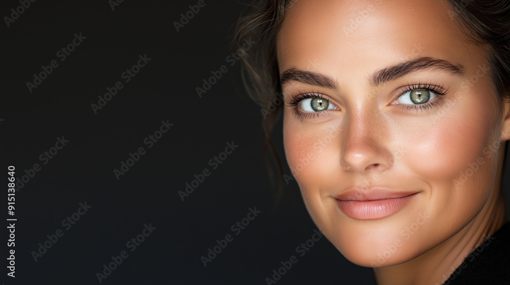 Fototapeta premium A woman with green eyes and a smile on her face. She is wearing makeup and has her hair in a bun