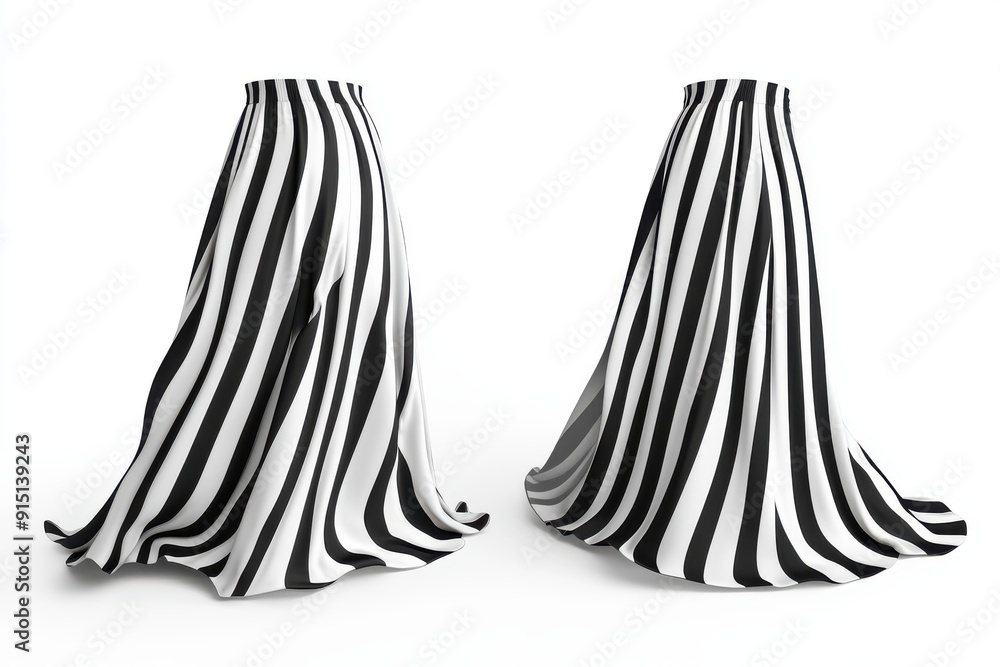 Black and white striped long skirts on white background Black and white striped long skirts on white background