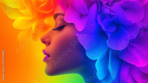 A woman's face is shown in a colorful flower arrangement. The colors are bright and vibrant, creating a sense of energy and positivity. The image is likely meant to evoke feelings of happiness and joy