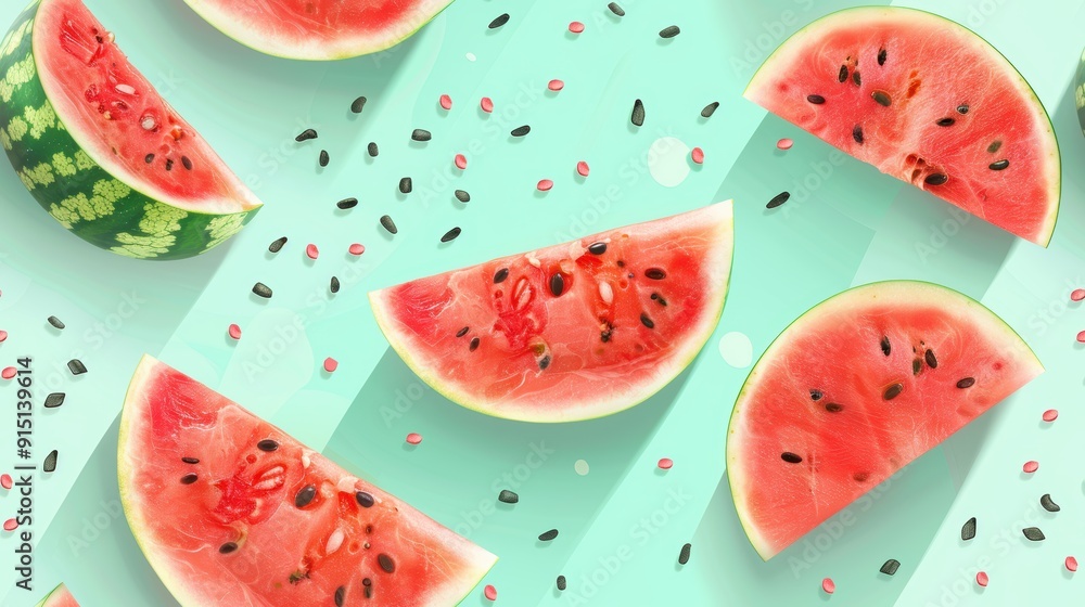 Seamless pattern of watermelon slices and leaves on a light blue background. Summer-themed and tropical design concept. Seamless pattern of watermelon slices and leaves on a light blue background. Summer-themed and tropical design concept.