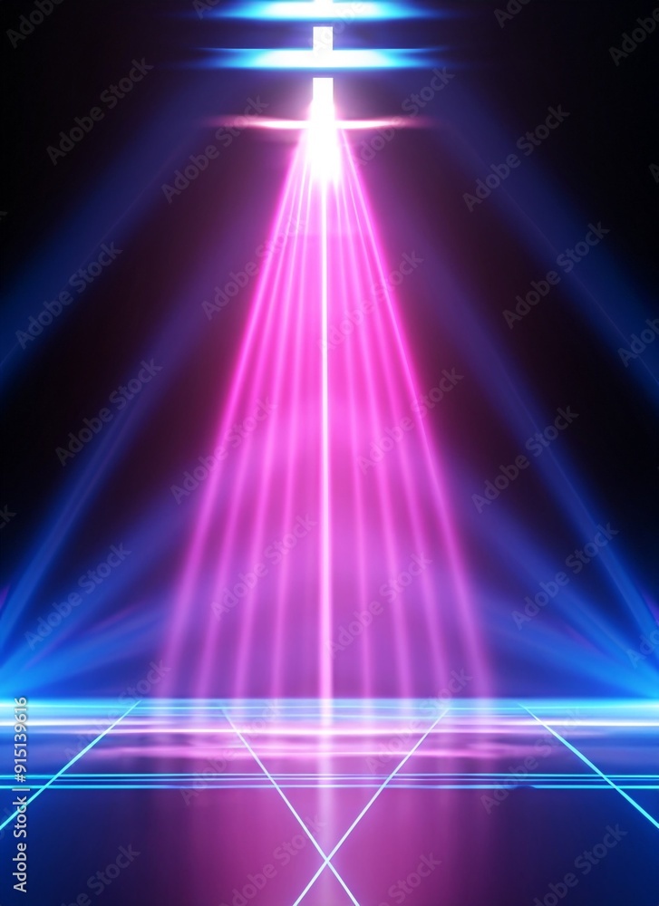 3d render. Bright projector shining on dark empty, glowing pink blue rays, neon light background 3d render. Bright projector shining on dark empty, glowing pink blue rays, neon light background