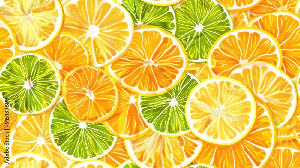 Seamless pattern of orange and lime slices in vibrant yellow and green tones. Fresh and citrusy summer design concept. Seamless pattern of orange and lime slices in vibrant yellow and green tones. Fresh and citrusy summer design concept.