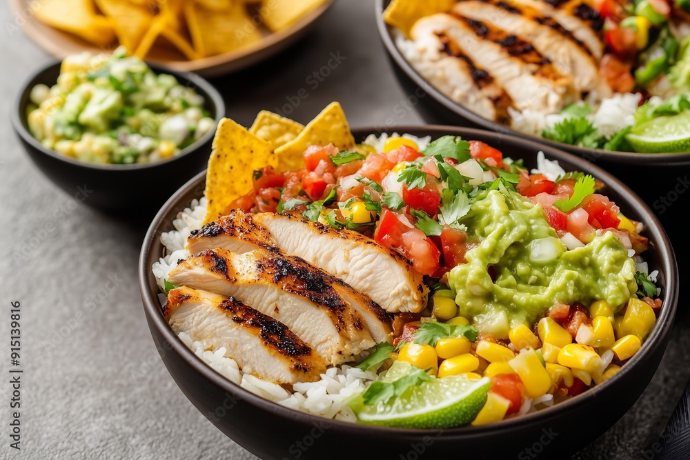 two vibrant Mexican style rice bowls filled with grilled chicken slices, fluffy white rice, fresh lettuce, corn, and a colorful mix of salsa and guacamole two vibrant Mexican style rice bowls filled with grilled chicken slices, fluffy white rice, fresh lettuce, corn, and a colorful mix of salsa and guacamole
