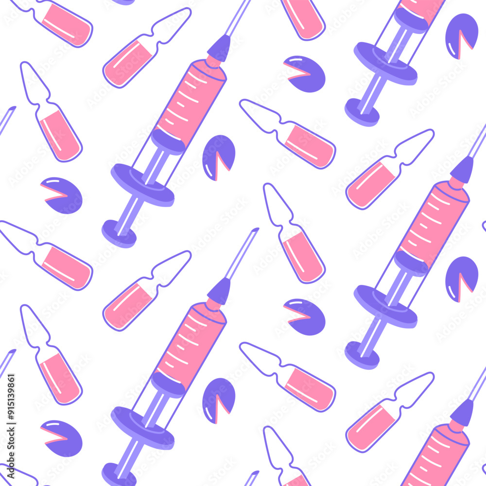 Pattern is a color flat illustration of a syringe with a medicine inside, an ampoule and a cutter. Vector illustration made by hand in pink and blue colors. The texture of medical drug administration Pattern is a color flat illustration of a syringe with a medicine inside, an ampoule and a cutter. Vector illustration made by hand in pink and blue colors. The texture of medical drug administration