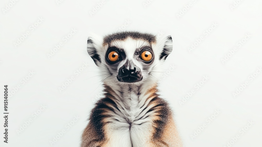 Fototapeta premium Curious Lemur with Wide Eyes Staring on White Background - Wildlife Portrait Photography