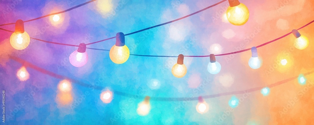 College party, string lights and music, dancing and laughter, Watercolor style College party, string lights and music, dancing and laughter, Watercolor style
