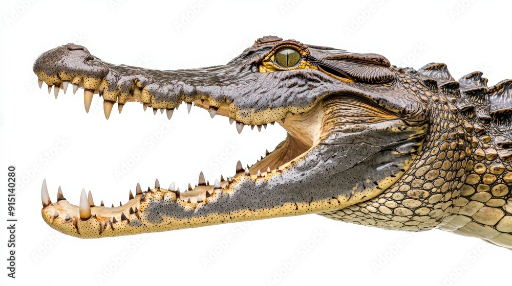 Fototapeta premium Fascinating Side Profile of Crocodile with Jaws Open in Wildlife Habitat Scene
