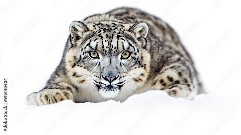 Fototapeta premium Majestic Snow Leopard Prowling in White Snow - Full Body Shot Wildlife Photography