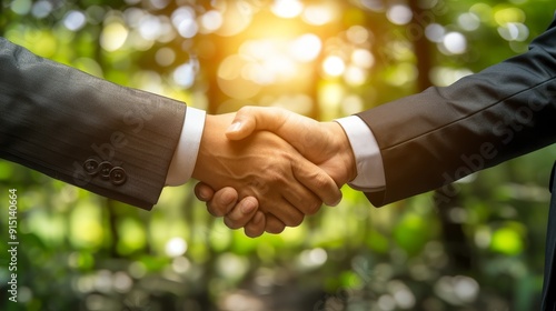 Two businessmen shaking hands in a forest with sunlight in the b