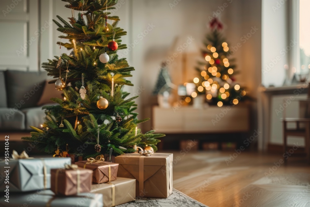 Obraz premium Cozy Living Room with Christmas Tree and Wrapped Presents Creating a Warm Holiday Atmosphere for a Festive Christmas Morning