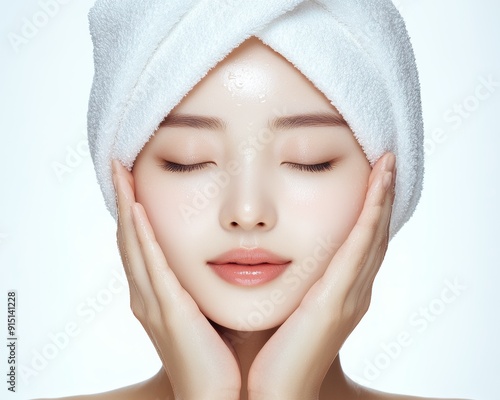 A woman with a towel on her head, eyes closed, gently touching her face.