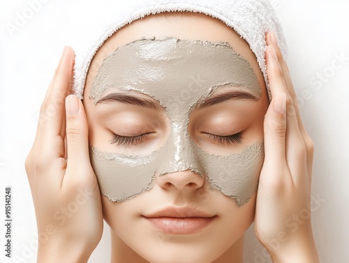 A woman with a mud mask on her face, her eyes closed and hands gently resting on her cheeks. The image conveys relaxation and self-care.