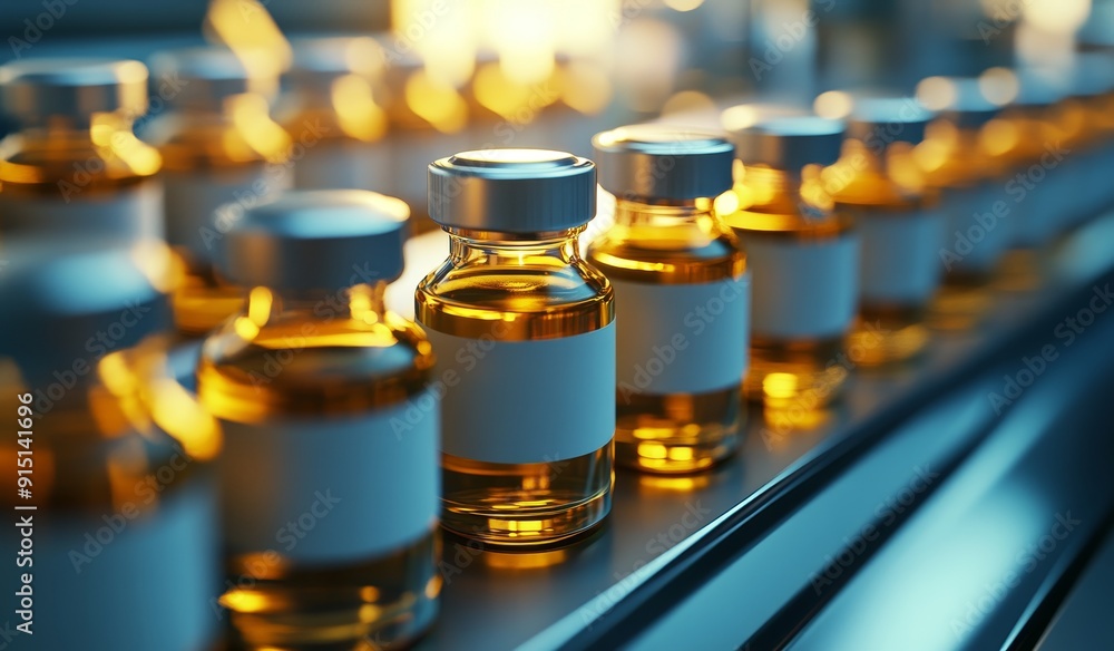 Production, development, and manufacture of a new vaccine. Illustration of filled vials based on bio science 3D models. Production, development, and manufacture of a new vaccine. Illustration of filled vials based on bio science 3D models.