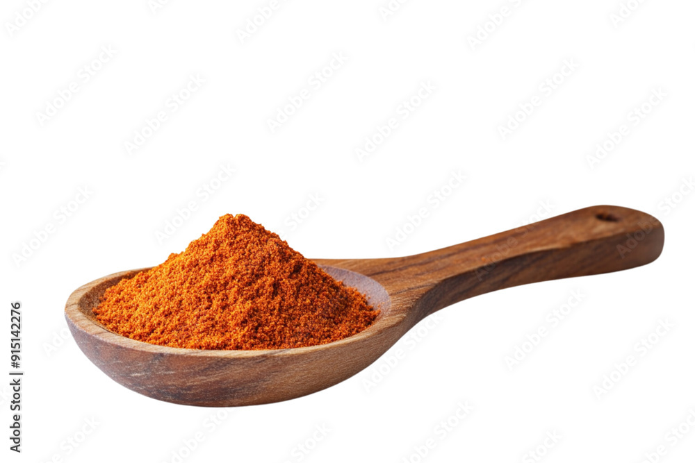 Sachet of paprika powder in wooden spoon isolated on white background Sachet of paprika powder in wooden spoon isolated on white background