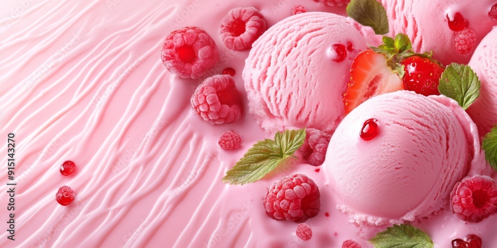 Sumptuous Pink Strawberry and Raspberry Ice Cream Topped with Fresh Berries - A Perfect Dessert for Summer and Sweet Treat Promotions Sumptuous Pink Strawberry and Raspberry Ice Cream Topped with Fresh Berries - A Perfect Dessert for Summer and Sweet Treat Promotions
