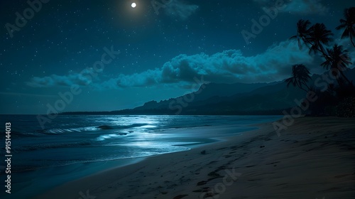 The beach is at night under the starry