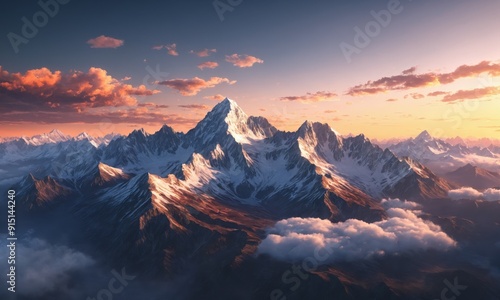 Snowy mountain peaks rise above clouds at sunset photo