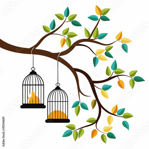 Tree branch with birdcages art vector illustration