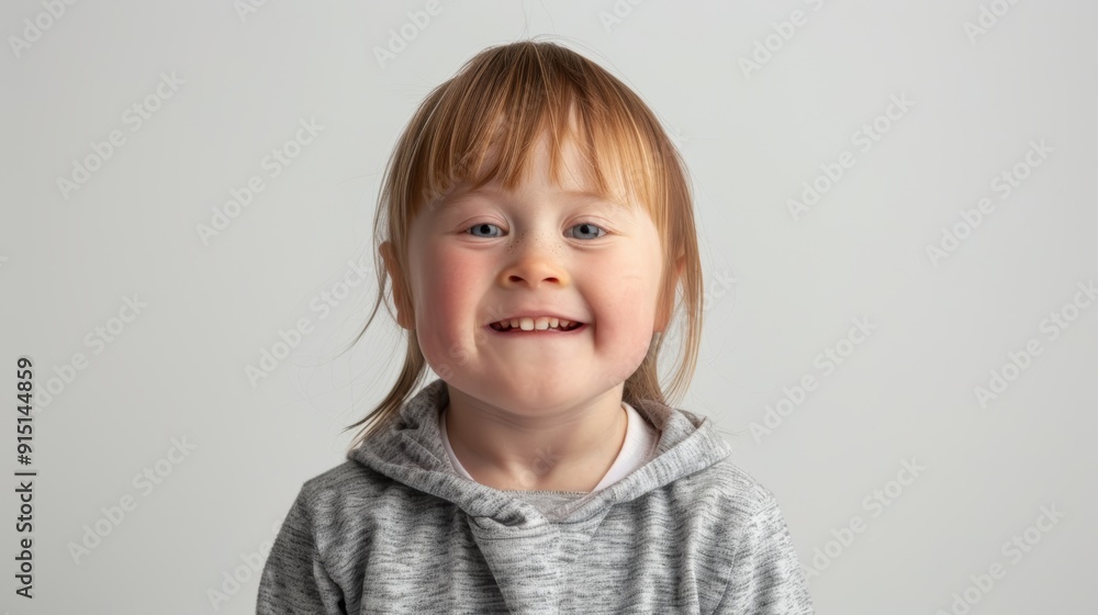 Portrait of smiling child girl with down syndrome on white background. Portrait of smiling child girl with down syndrome on white background.