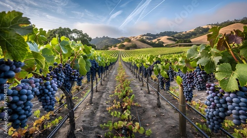 A grape field with rows of vines strewn photo