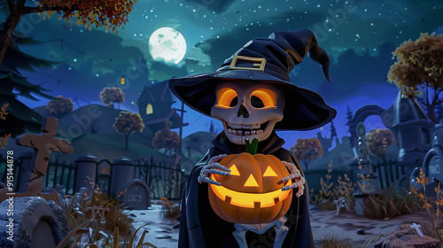 A cute skeleton in a cloak and a witch's hat with a jack o lantern pumpkin in his hands in a night cemetery on Halloween night