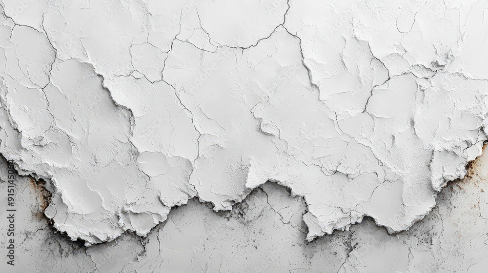 The cracked white wall reveals layers of peeling paint and texture, creating an aged and distressed appearance The cracked white wall reveals layers of peeling paint and texture, creating an aged and distressed appearance
