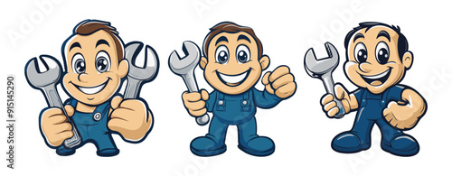 Smiling man in blue overalls holding wrench and giving thumbs up cartoon generative ai