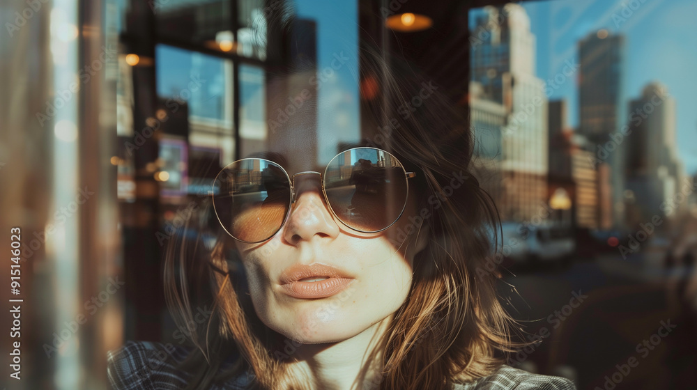 custom made wallpaper toronto digitalA woman sits in a cafe and looks out the window wearing sunglasses with a reflection of the city view